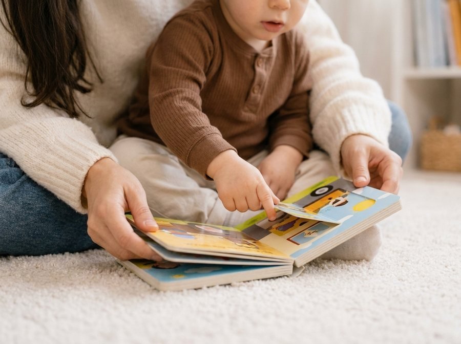 A board book open on a lap