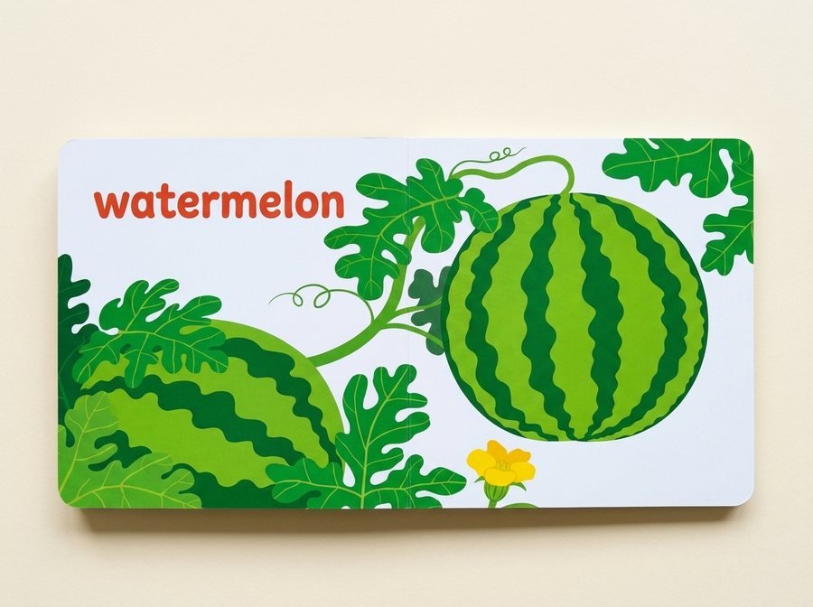 A page reading watermelon beside one watermelon