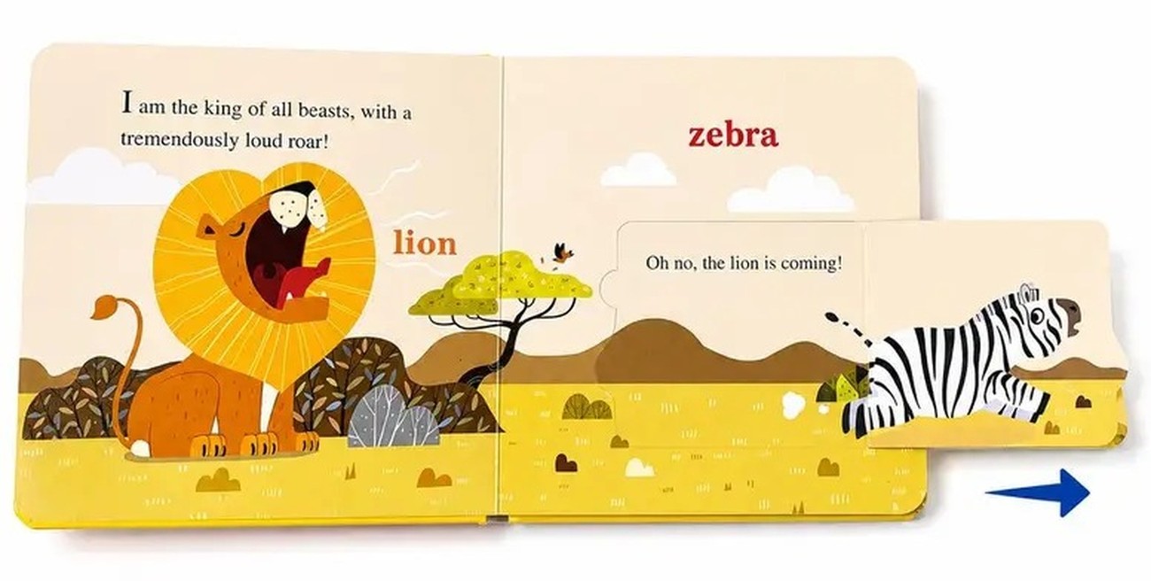 A spread reading lion and zebra with the pull-out tab